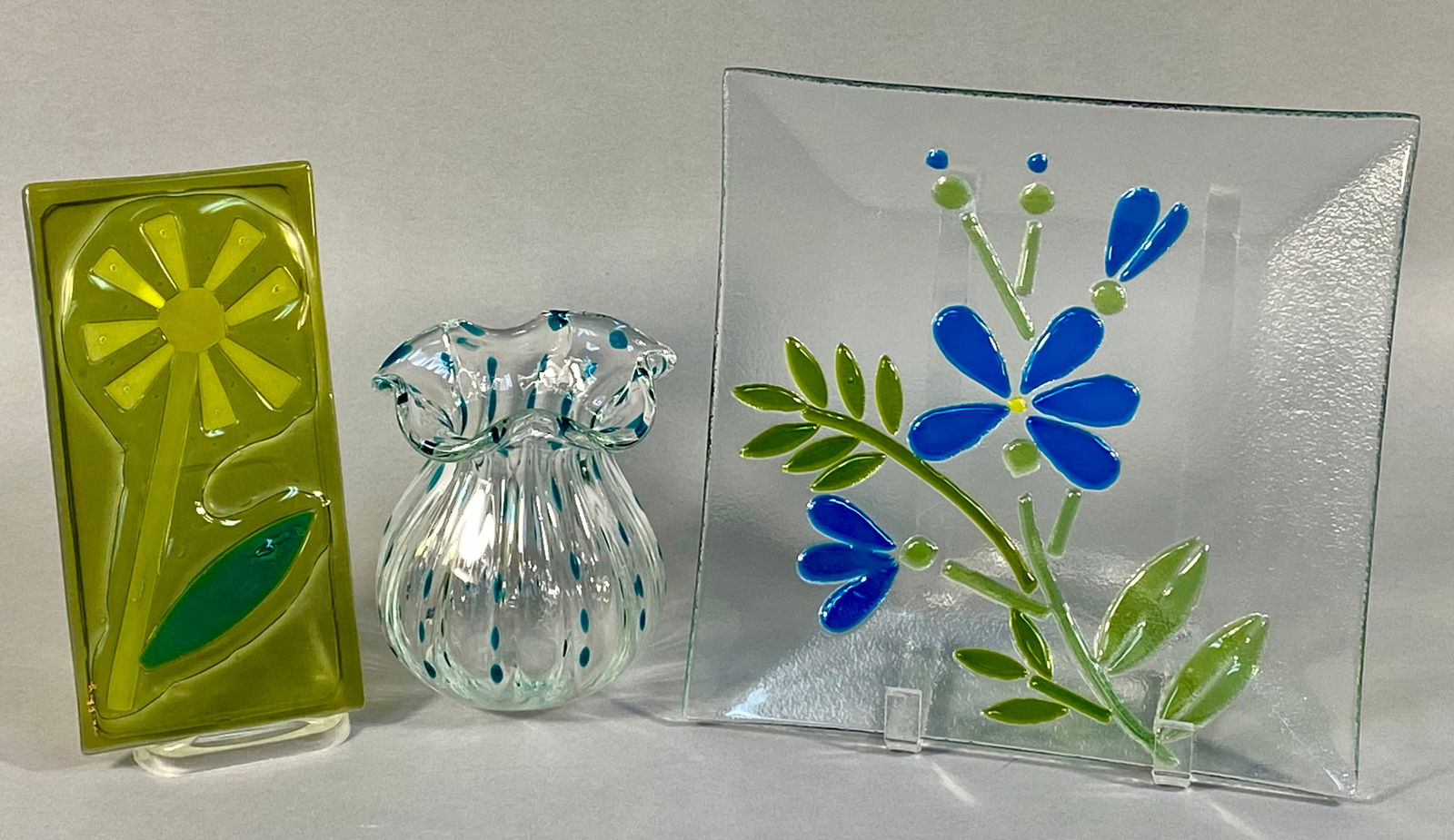 A Trio of Modern Fused and Blown Art Glass Decorative Objects including a Signed Higgins Panel (1 of 7)
