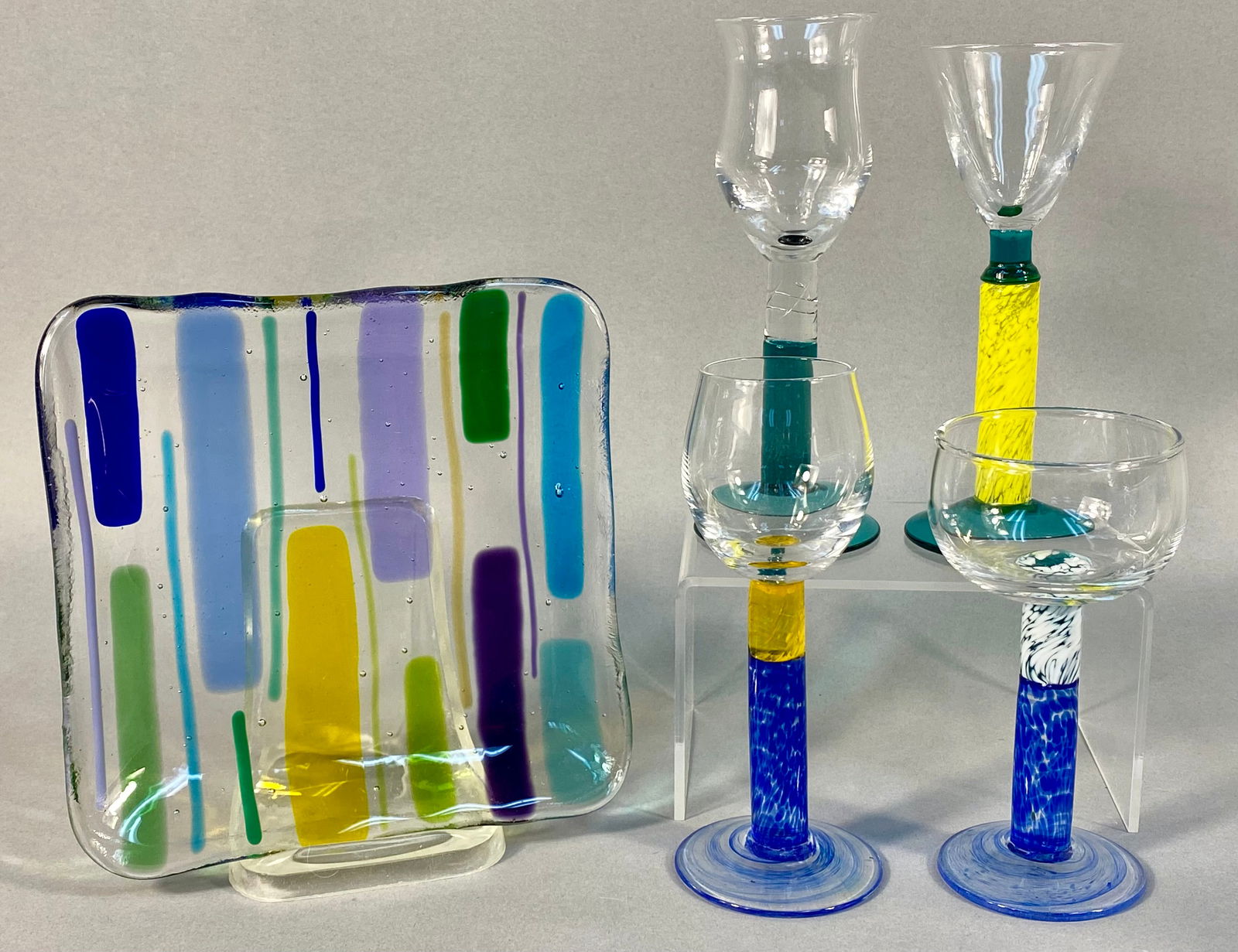 A Collection of Five Contemporary Studio Art Glass Pieces Including a Fused Square Dish and Four (1 of 6)