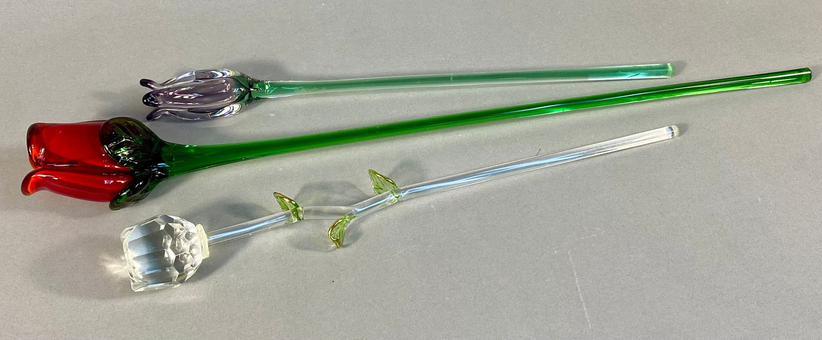 Three Murano Style Hand Blown Art Glass Long Stem Flowers (1 of 10)