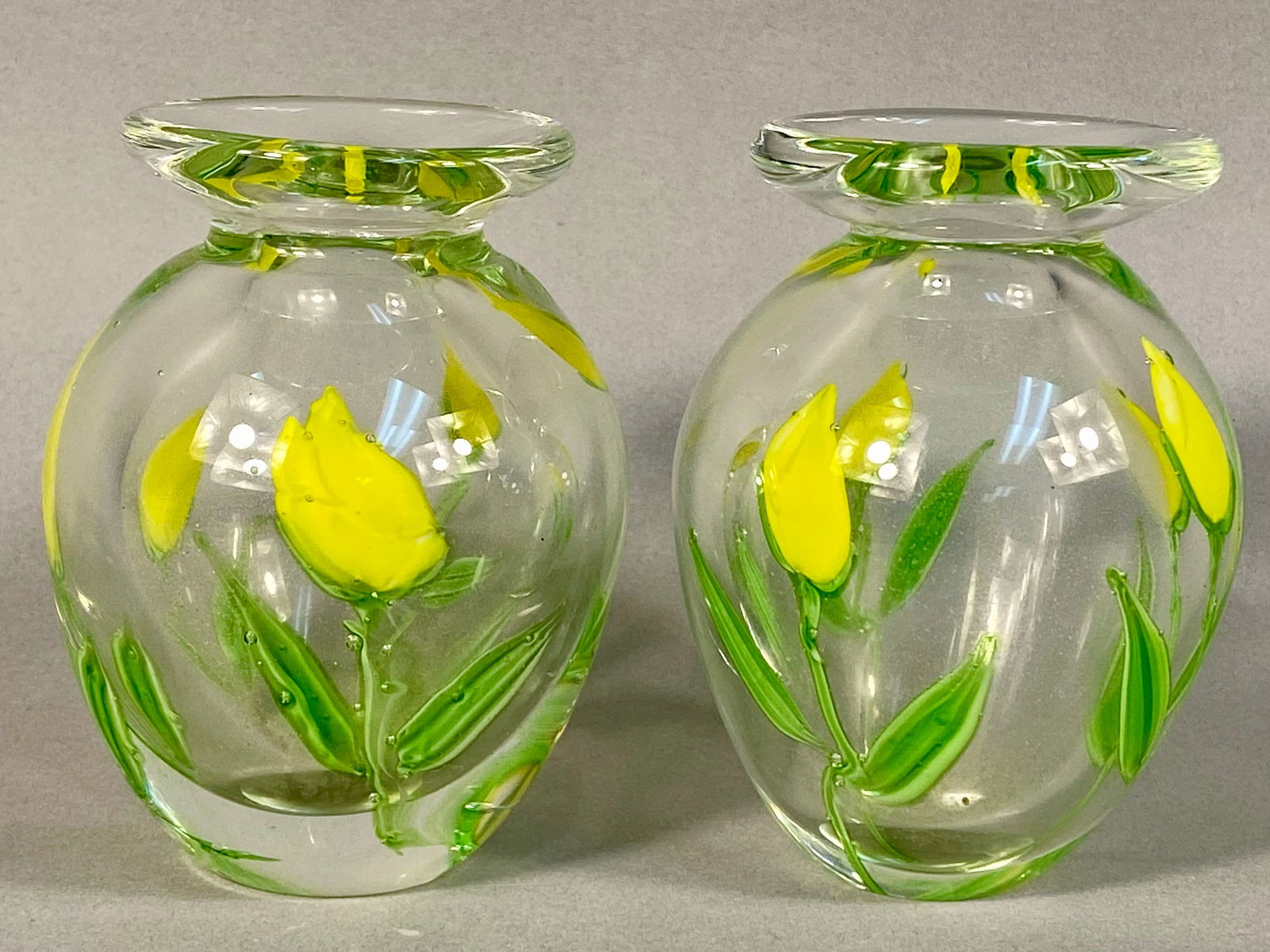 A Pair of Studio Art Glass Bud Vases with Encapsulated Yellow Tulip Decoration (1 of 4)