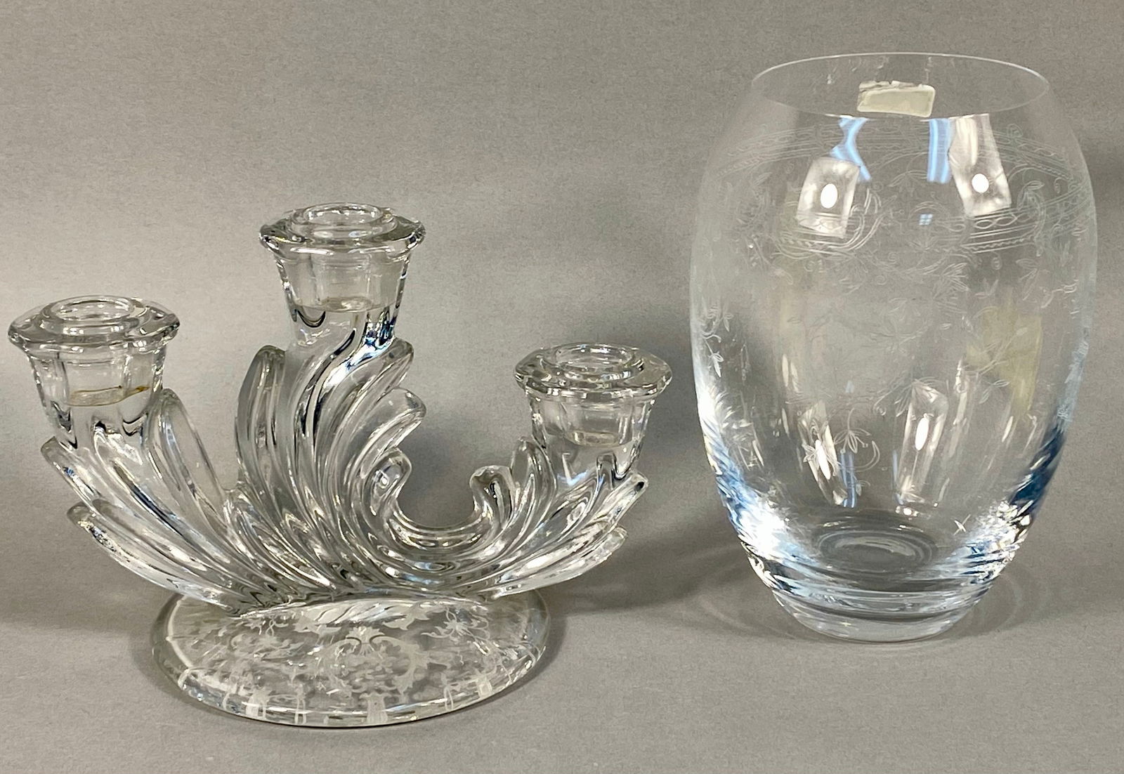 Fostoria Navarre Baroque Triple Candelabra and a Crystalex Etched Vase (1 of 7)