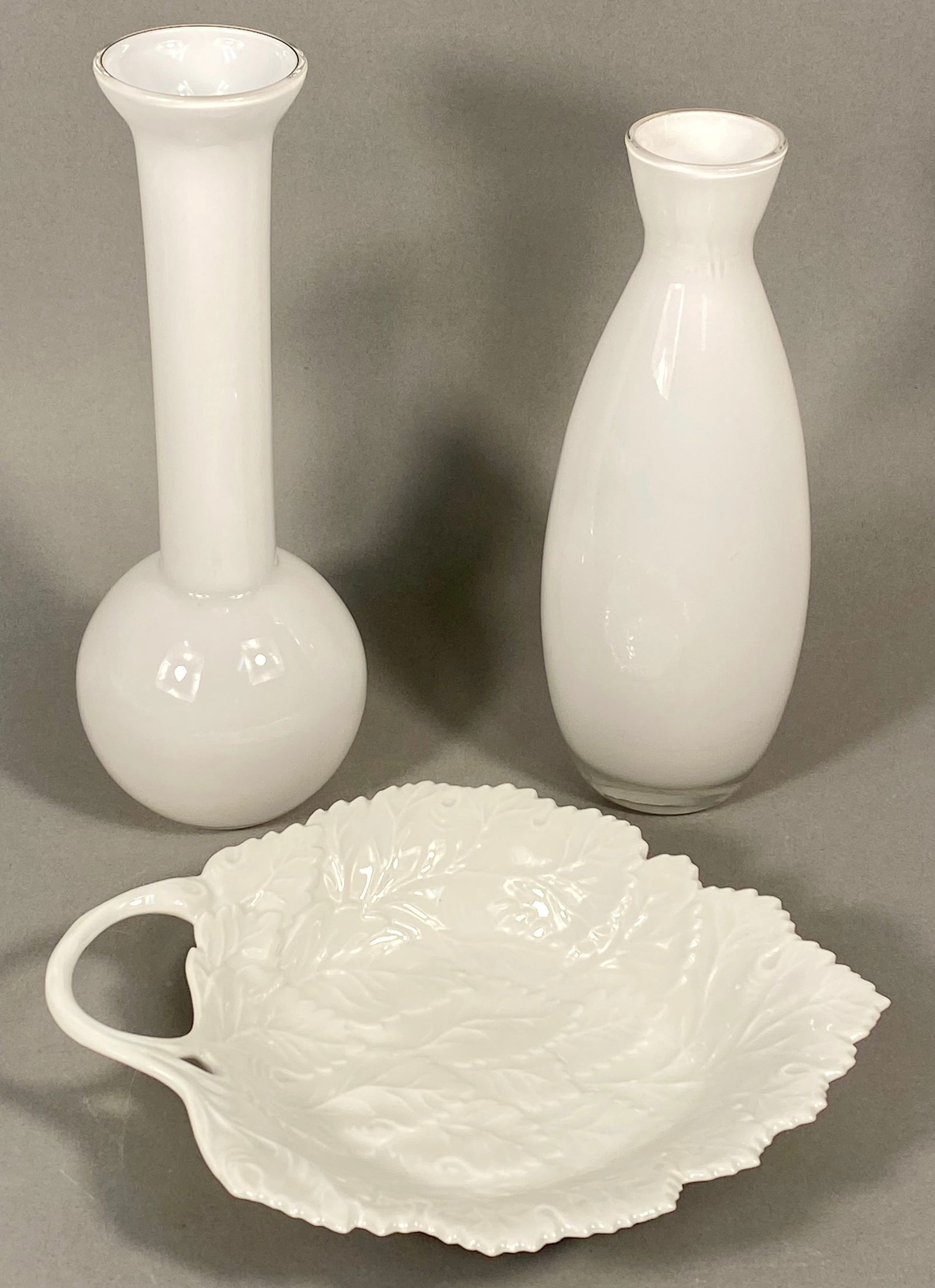 A Trio of Opaque White Glass Vases and a F??rstenberg Porcelain Leaf Dish (1 of 7)