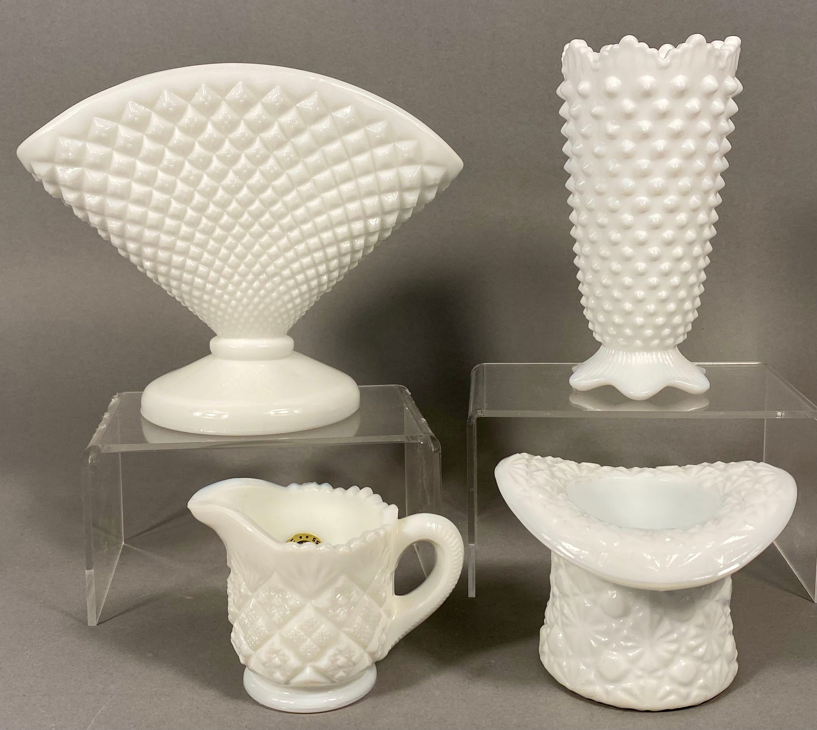 A Collection of 4 Westmoreland Milk Glass Tableware, English Hobnail and Diamond Point (1 of 11)