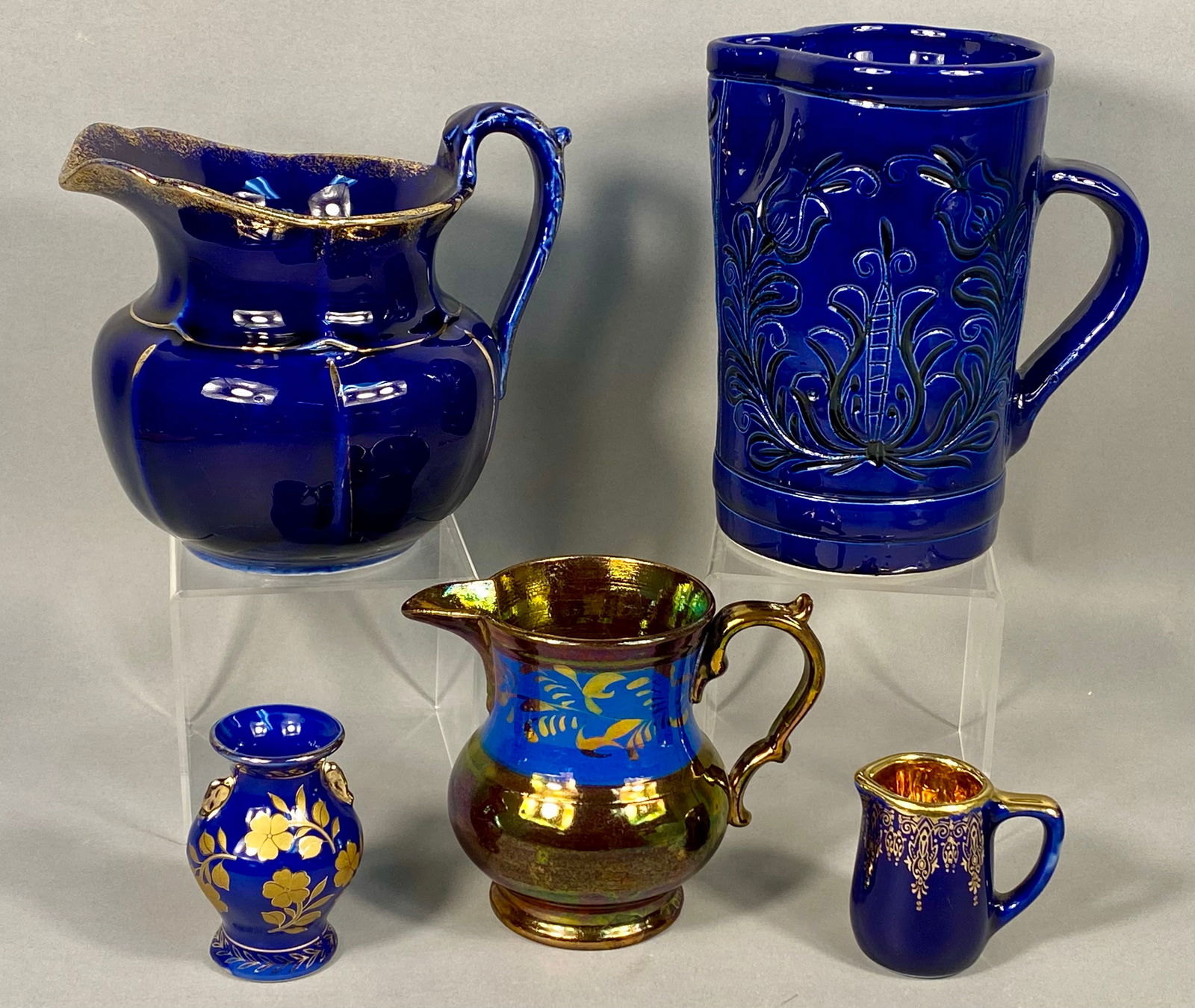 A Collection of Five Cobalt Blue and Gilt Decorative Ceramic Vessels (1 of 10)