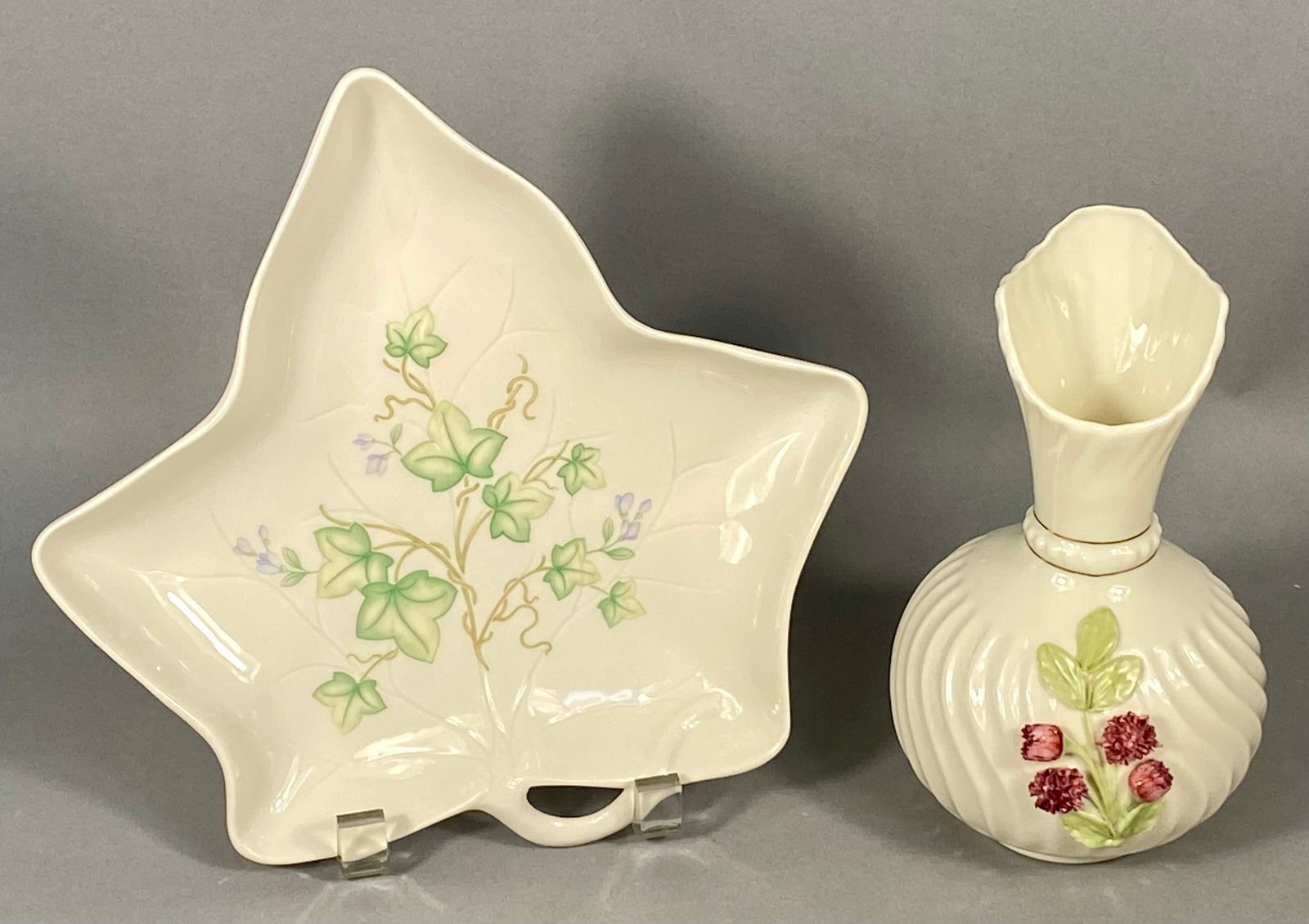 Two Pieces of Belleek Porcelain including Classic Ivy Leaf Dish and Floral Vase (1 of 8)
