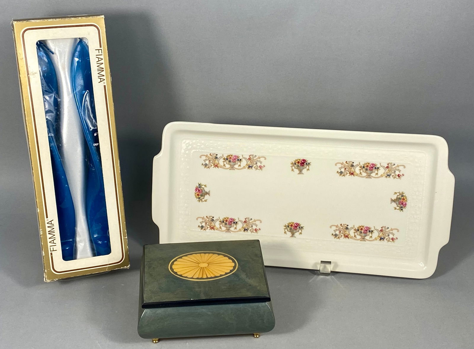 A Trio of Italian Decorative Objects: Monopoli Porcelain Tray, Fiamma Candles, and Marquetry Music (1 of 10)