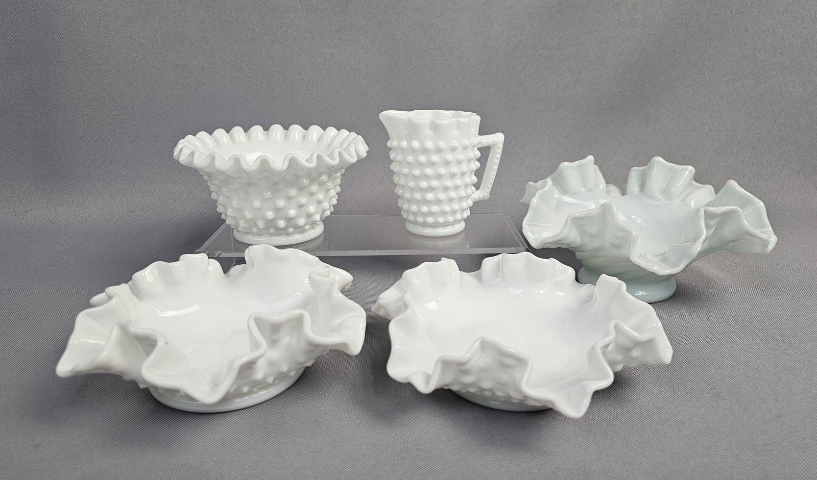 A Collection of 5 Hobnail White Milk Glass Vessels Inc Fenton (1 of 20)