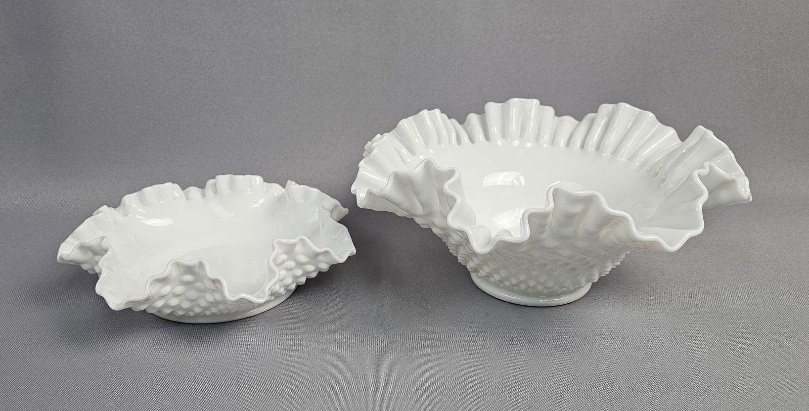 A Pair of Fenton Milk Glass Hobnail Ruffled Bowls (1 of 15)