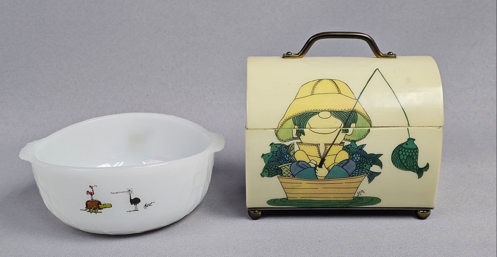 A Pair of Vintage Novelty Items including a Fire-King Milk Glass Mixing Bowl and a Fishing Character (1 of 13)