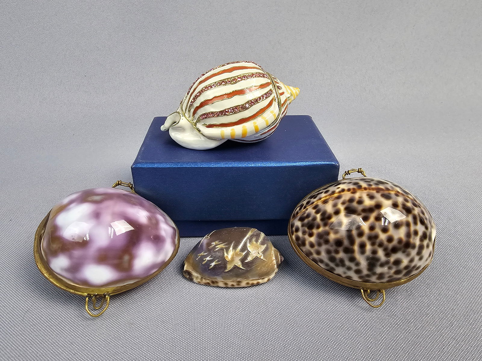 A Collection of Shell-Themed Pieces Inc a Bejeweled Enamel Inlay Conch Shell Box: A collection of shell-themed decorative objects featuring a Bejeweled Enamel Inlay Clam Sea Conch Shell Hinged Trinket Box. The enameled box is designed in a shell form with white and orange stripes a