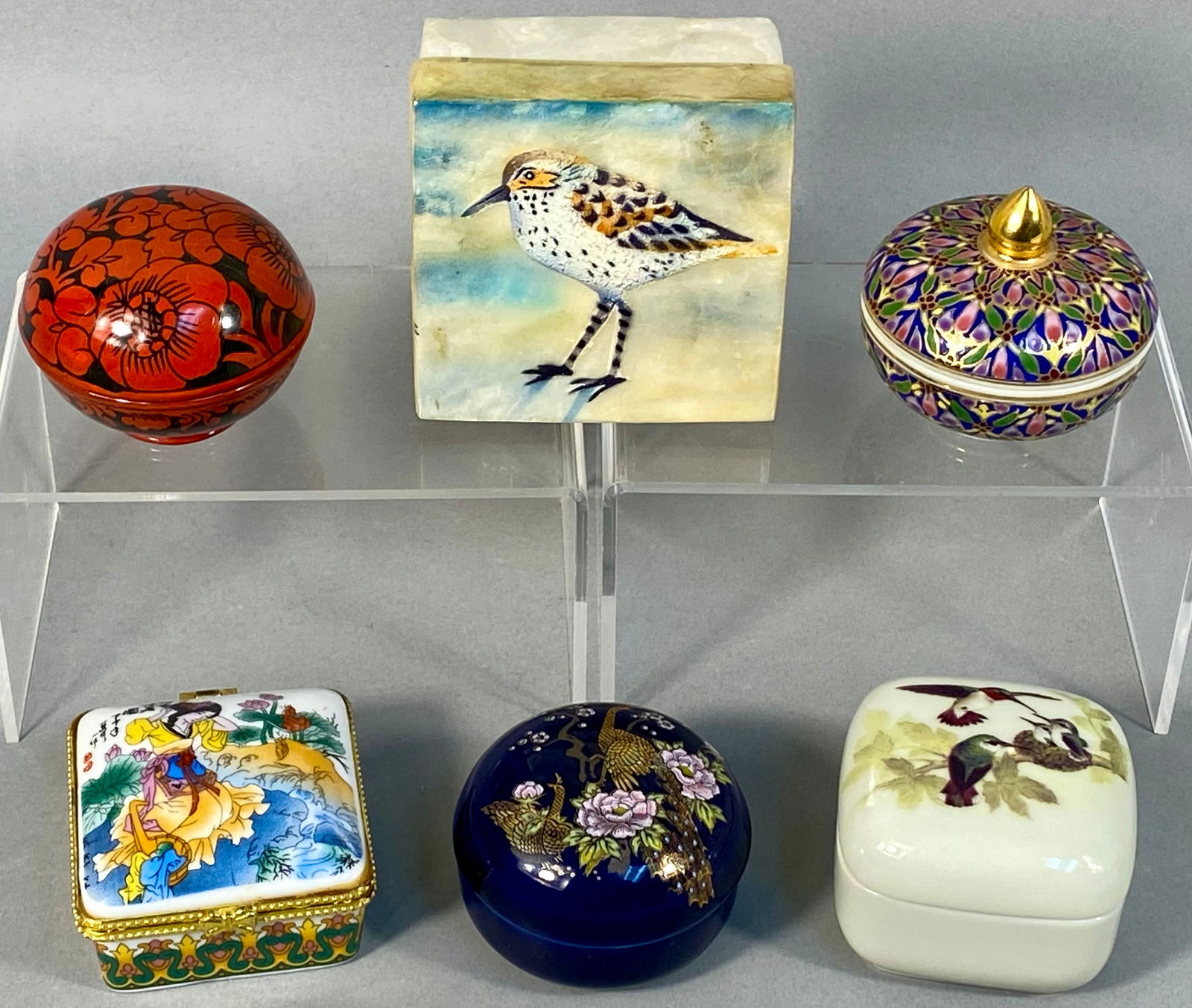 A Collection of Decorative Trinket Boxes Including a Sandpiper Capiz Shell Box (1 of 9)