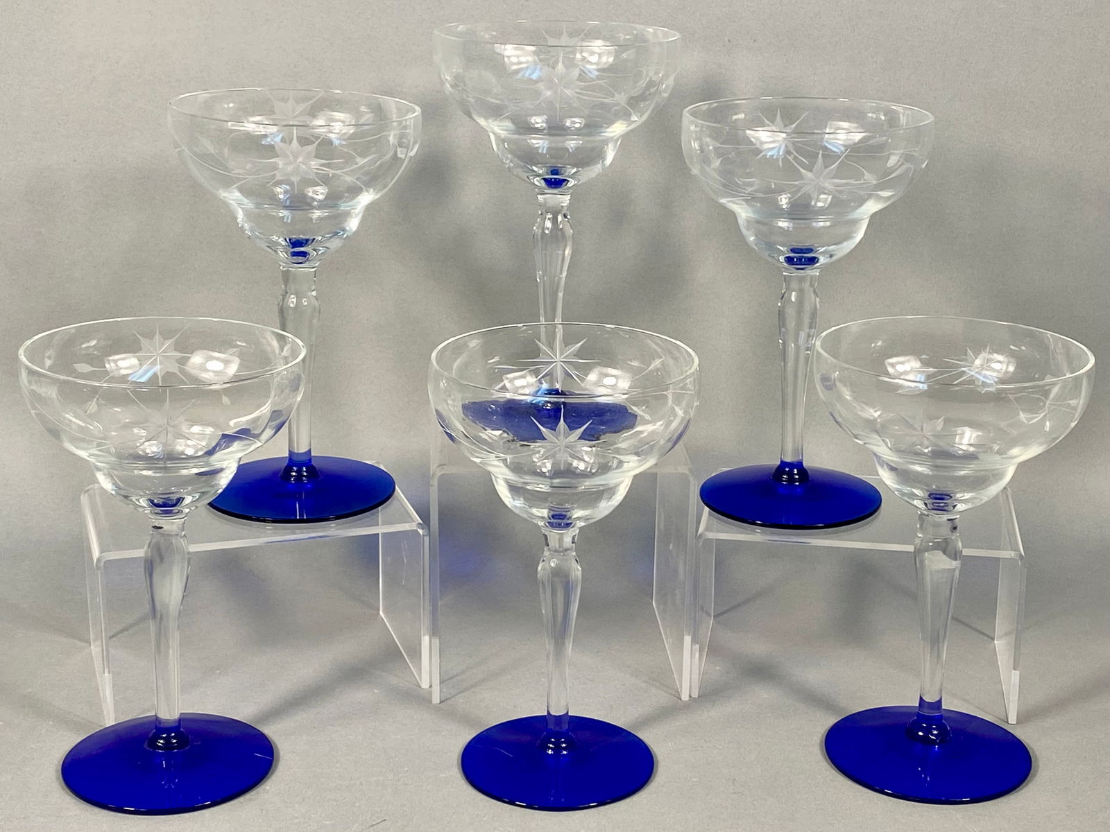 A Set of Weston Etched Glass Champagne Coupes with Cobalt Blue Bases (1 of 3)
