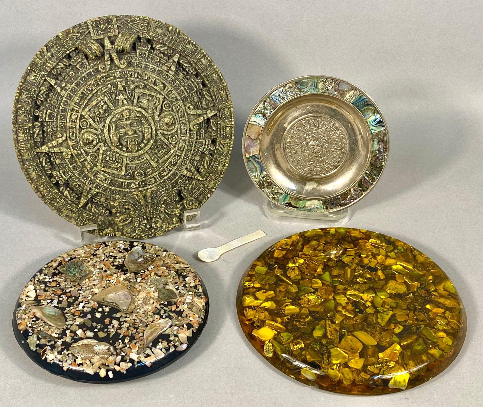 A Collection of Mexican Alpaca Silver Mayan Calendar and Abalone Decorative Objects (1 of 10)