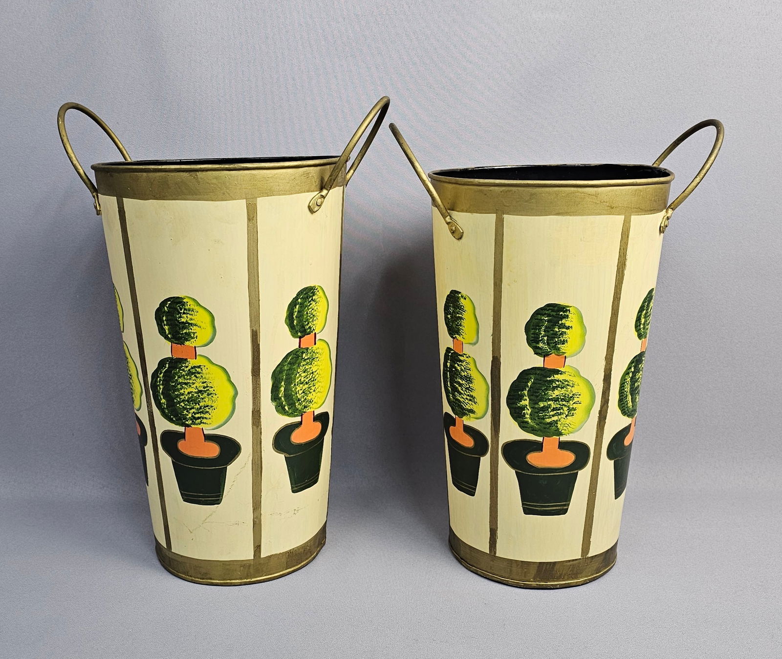 A Pair of Hand-Painted Metal Vessels with Topiary Decoration (1 of 11)