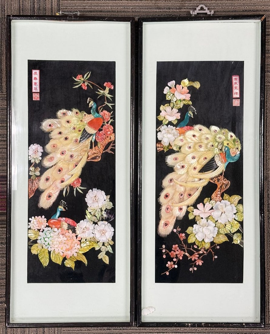 A Pair of Vintage Chinese Mother of Pearl Shell Art Relief Panels (1 of 8)