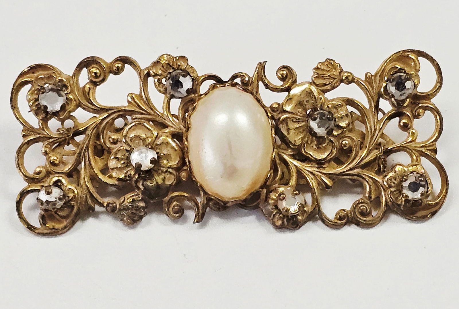Miriam Haskell Victorian Revival Gold-Tone Faux Pearl and Rhinestone Brooch (1 of 7)