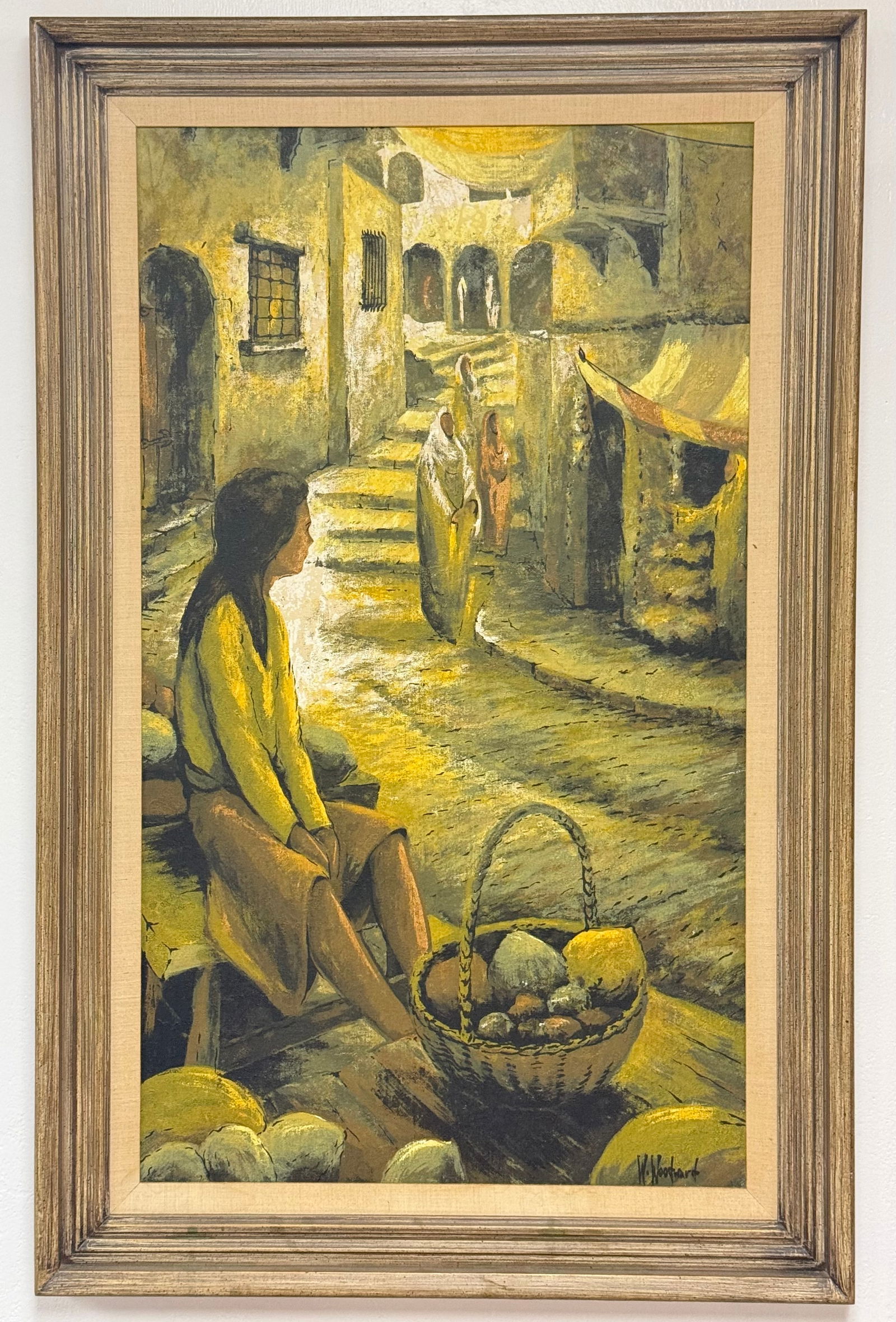 Mid-20th-Century Impressionist Street Scene Oil Painting Signed H. Woodhart: This original oil on canvas painting depicts a sun-drenched street scene in a Mediterranean or Middle Eastern setting. The composition features a seated woman in the foreground positioned next to a la