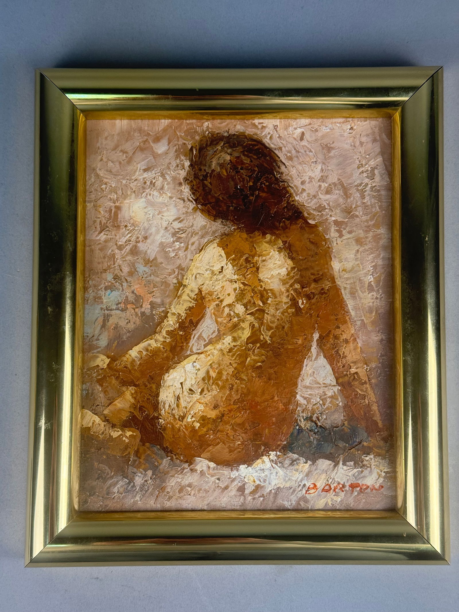 Nude Reclining Oil on Canvas: The composition is characterized by heavy impasto and palette knife work in a palette of ochre, brown, and white. The work is signed BARTON in red paint in the upper right corner. It is presented in a