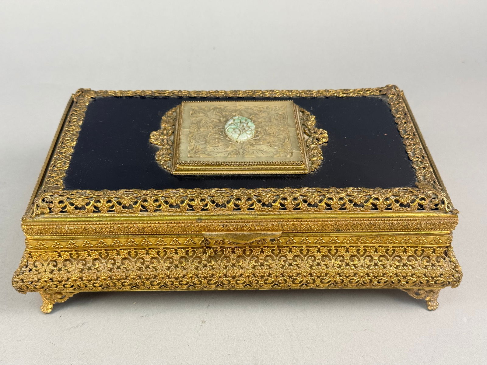 Apollo Hollywood Regency Gilt Metal Filigree Jewelry Box with Carved Stone Inset (1 of 11)