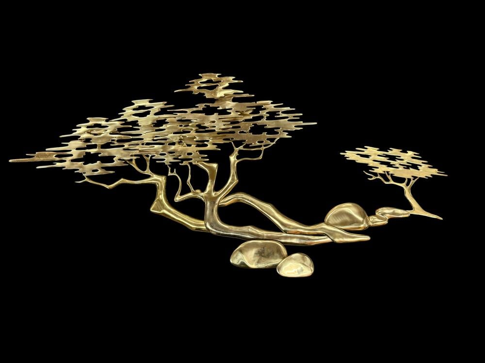 Bijan Brass Bonsai Tree Wall Sculpture: A large-scale Mid-Century Modern Brutalist wall sculpture by Bijan, depicting stylized bonsai trees and boulders. The work is executed in polished brass-toned metal with a horizontal composition featu