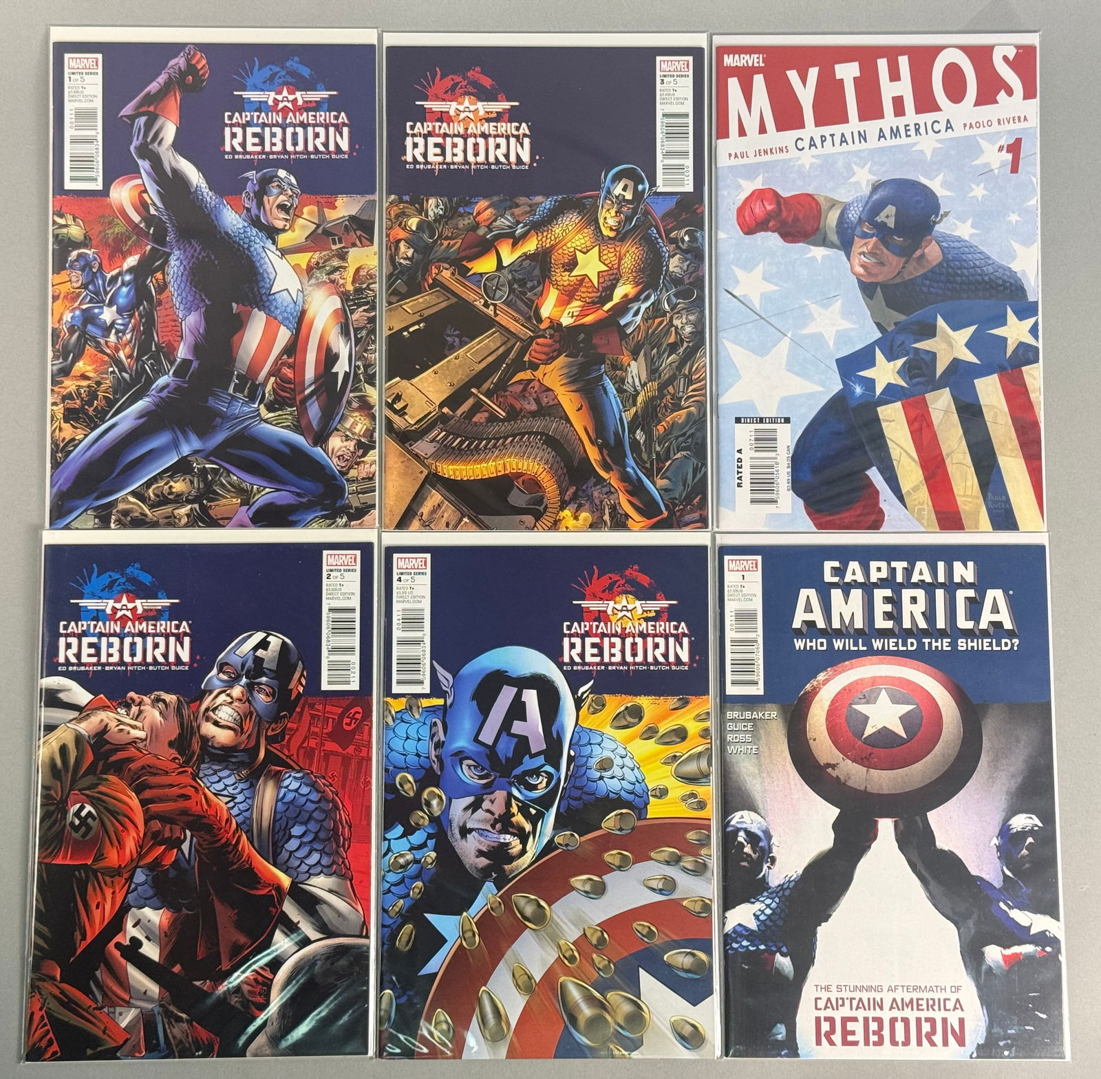 A Collection of Marvel Captain America Reborn and Related Comic Books: A collection of modern-era Marvel comic books featuring Captain America. This group includes issues 1, 2, 3, and 4 from the Captain America: Reborn limited series by Ed Brubaker, Bryan Hitch, and