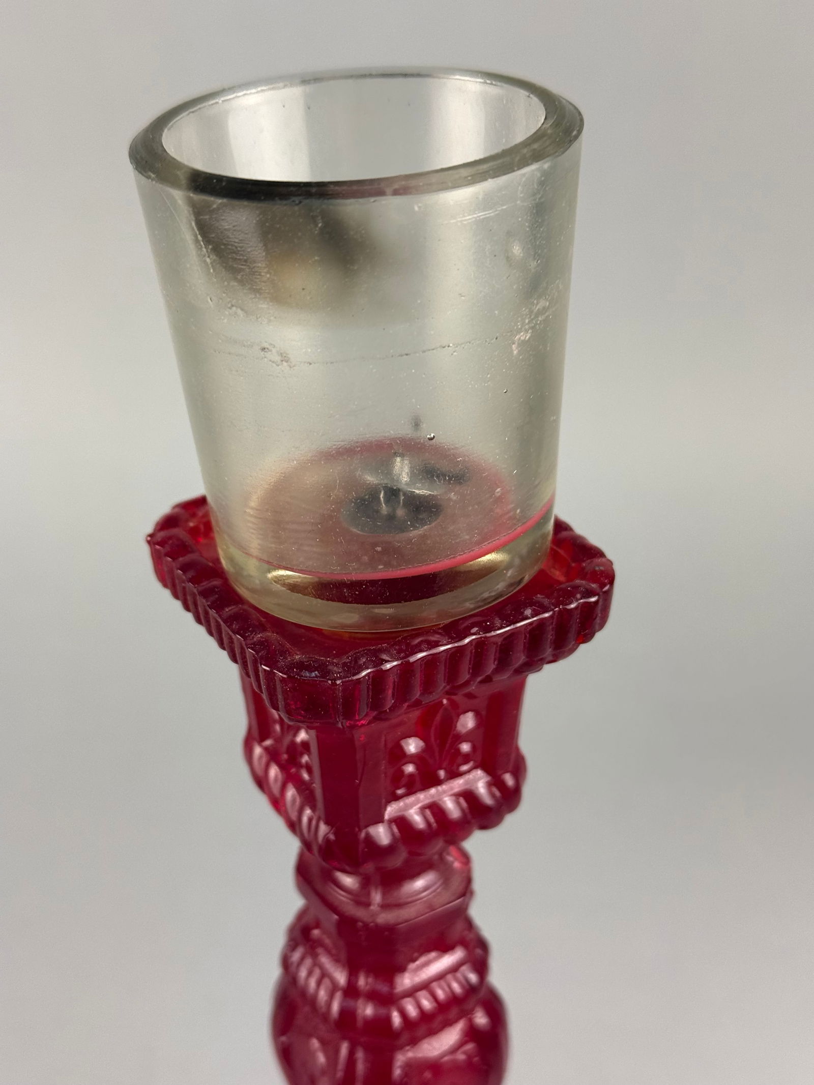A Ruby Red Pressed Glass Candlestick with Beaded Wirework Shade - 4