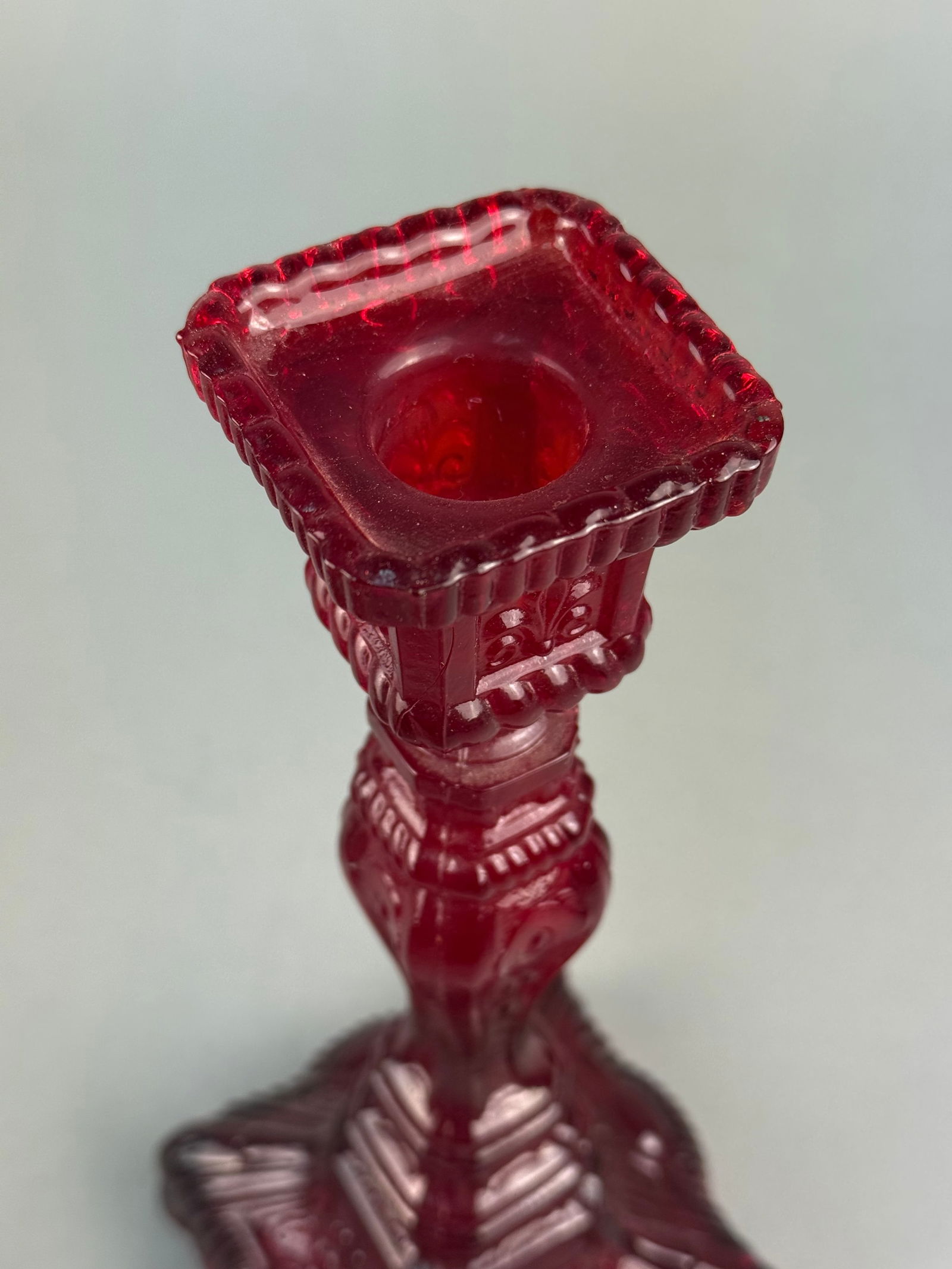 A Ruby Red Pressed Glass Candlestick with Beaded Wirework Shade - 5