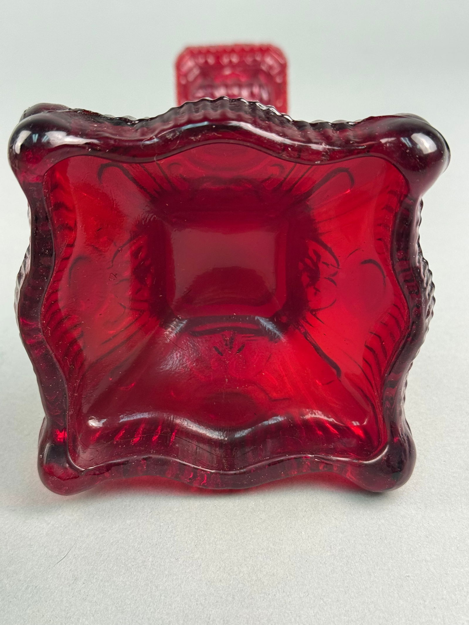 A Ruby Red Pressed Glass Candlestick with Beaded Wirework Shade - 6