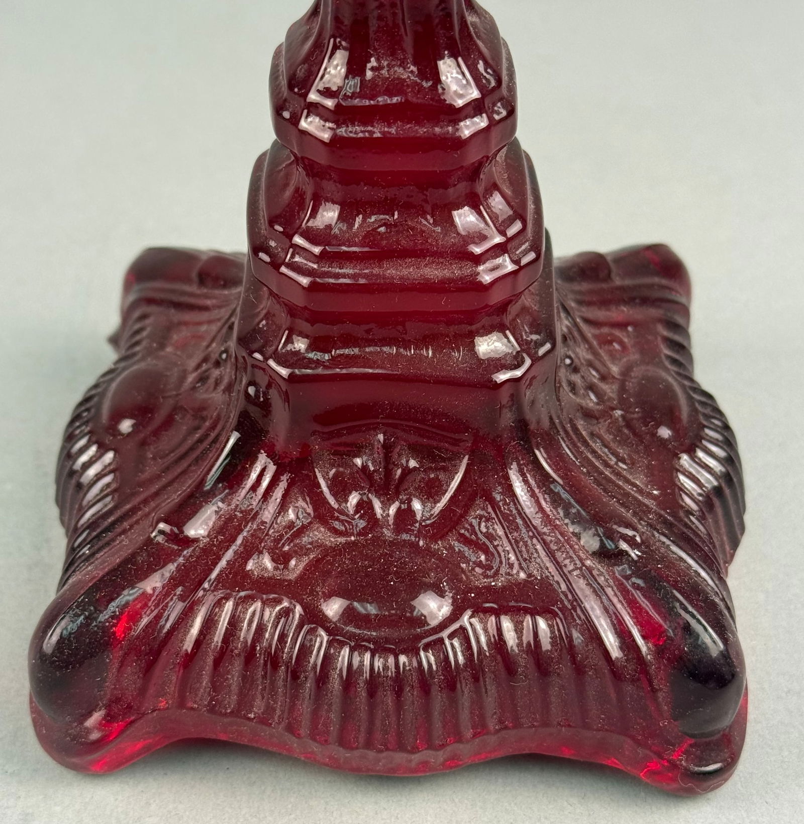 A Ruby Red Pressed Glass Candlestick with Beaded Wirework Shade - 8