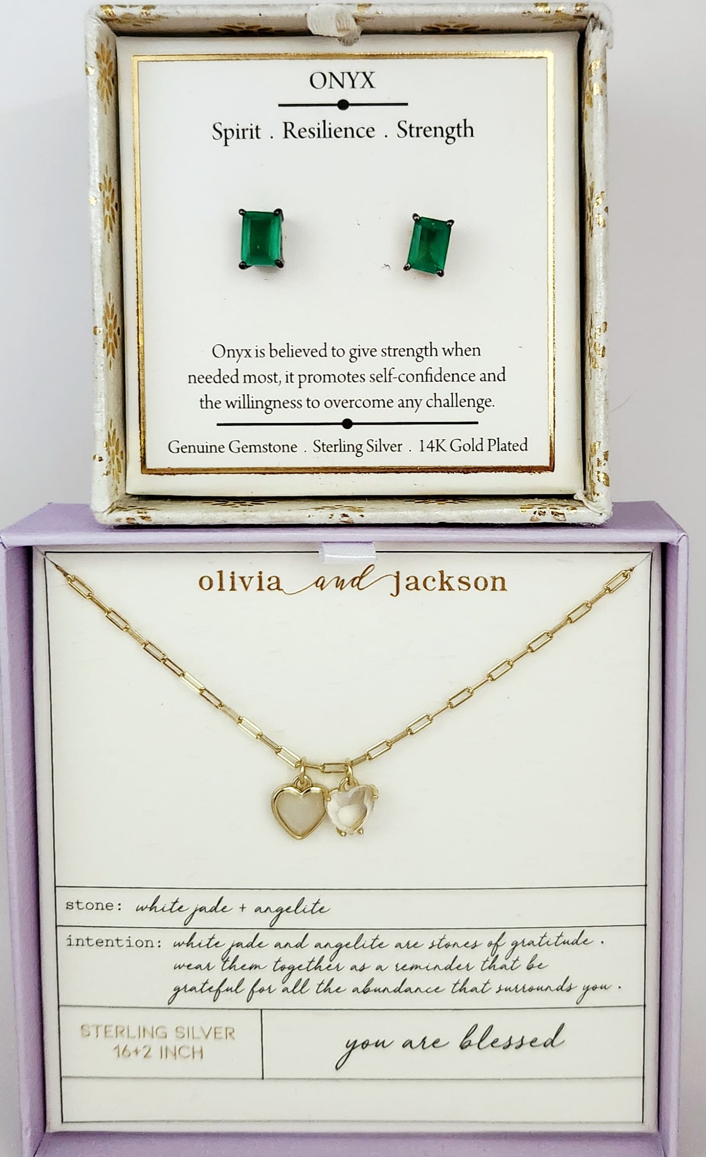 Vermeil Gemstone Earrings & Necklace 6.4 Grams: This lot contains a pair of gemstone stud earrings and a pendant necklace. The earrings feature emerald-cut green onyx stones set in 14K gold-plated sterling silver with open-work baskets and butterfl