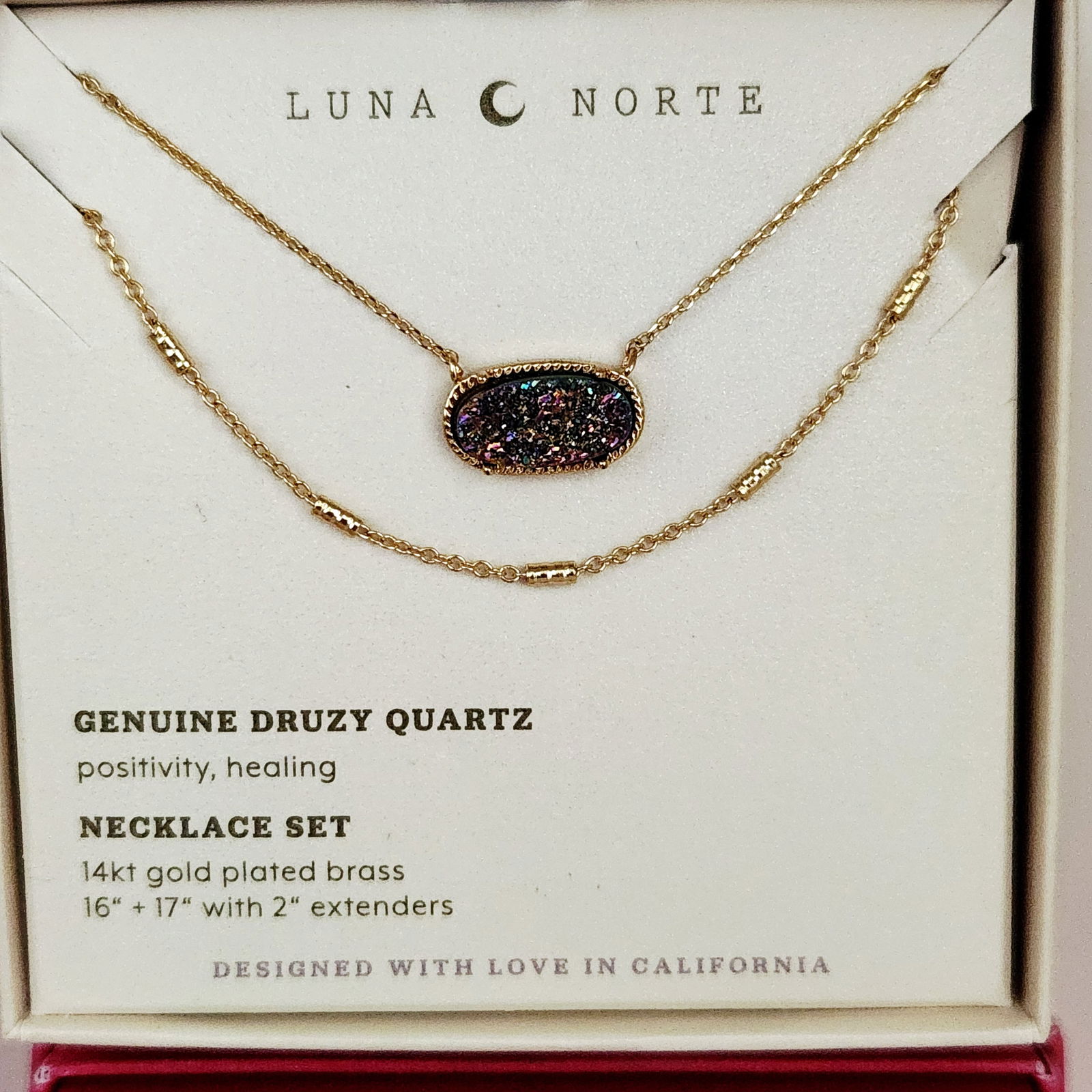 Luna Norte Druzy Quartz Necklace Sets: Luna Norte druzy quartz necklace sets featuring genuine druzy quartz pendants set in 14kt gold-plated brass. This pair of contemporary jewelry sets includes layered necklaces with one set showcasing a