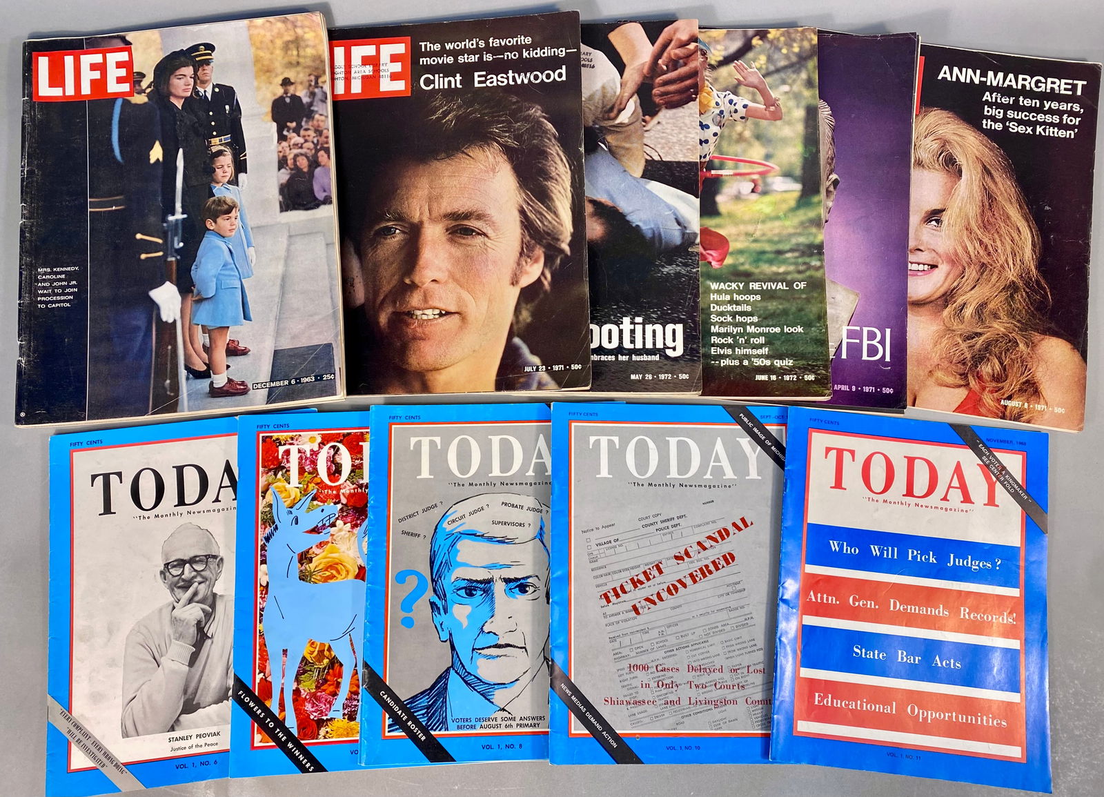 A Collection of Vintage LIFE and TODAY - The Monthly Newsmagazine Issues, 1963-1972: A collection of vintage periodicals comprising several issues of LIFE magazine and TODAY - The Monthly Newsmagazine. The LIFE issues include notable cover subjects such as Jacqueline Kennedy and famil