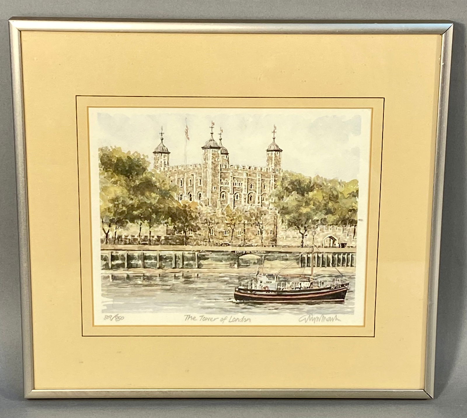 Glyn Marsh The Tower of London Limited Edition Signed Print: A limited edition print by artist Glyn Marsh titled The Tower of London. The artwork depicts a watercolor-style scene of the historic London landmark as viewed from the River Thames, featuring a small