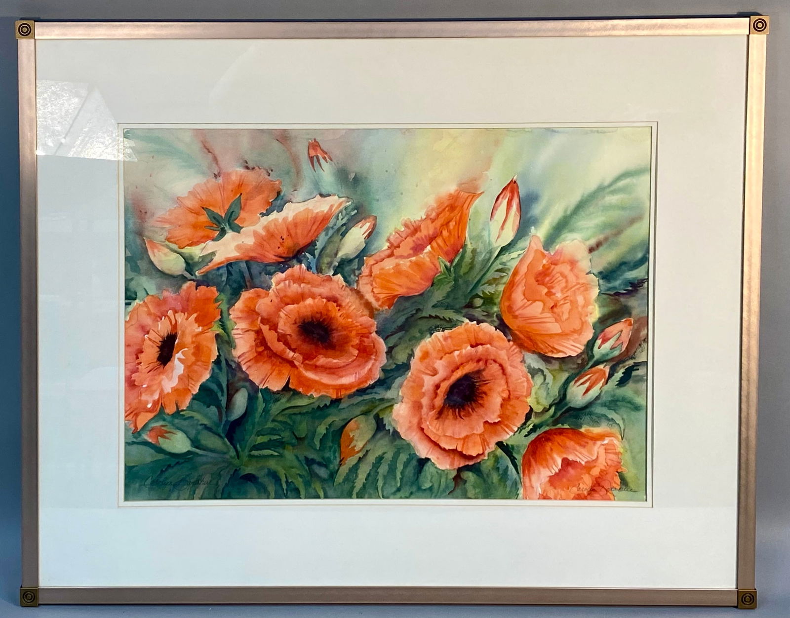 Carolyn Donahue Watercolor Painting, Cluster of Poppies after Joanne Porter: This contemporary watercolor painting on paper is a rendering of the composition Cluster of Poppies by Joanne Porter. The work depicts a vibrant arrangement of orange poppies and buds against a soft,