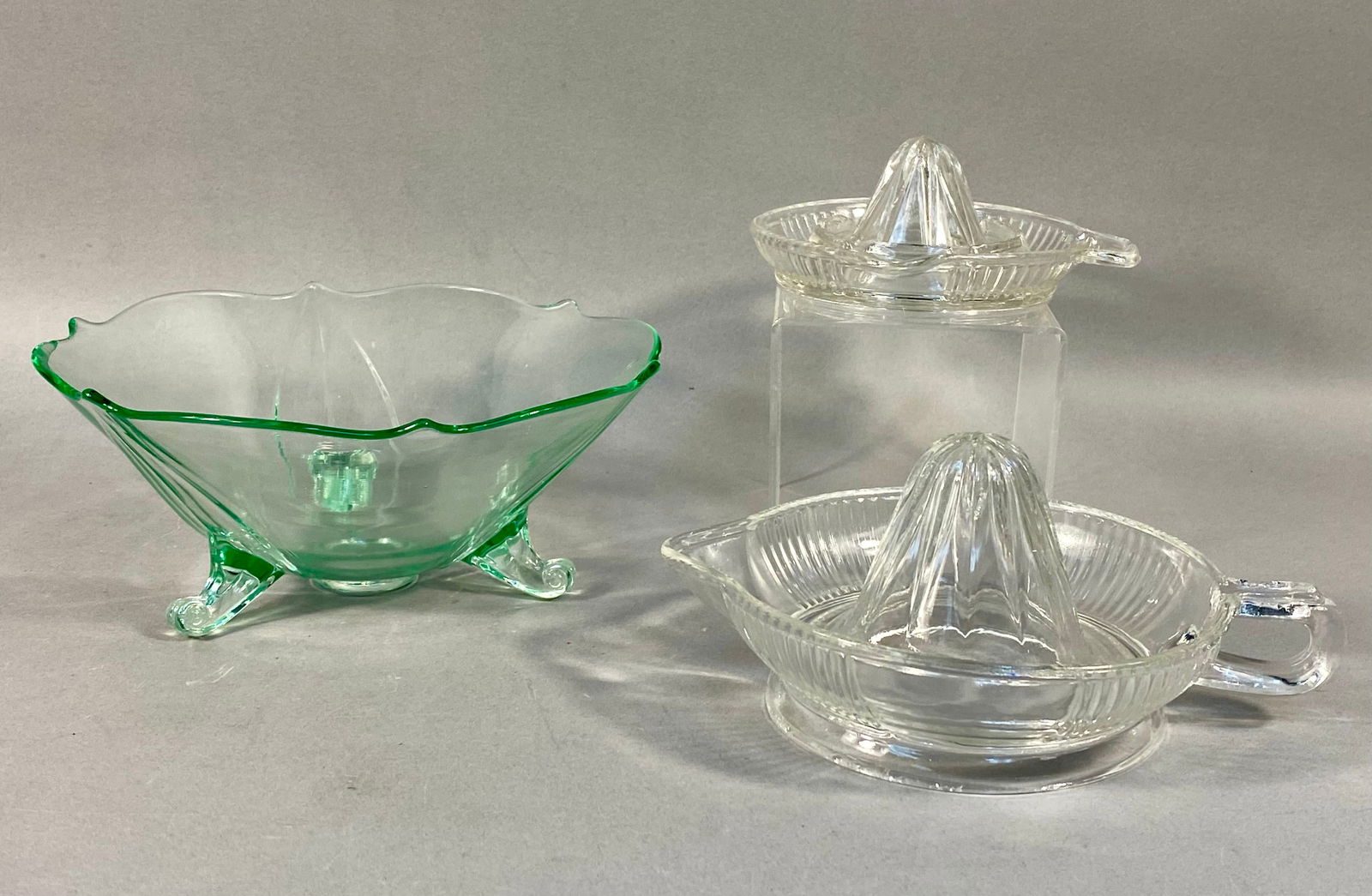 A Trio of Vintage Glassware Including a Lancaster Green Depression Glass Footed Candy Dish and Two (1 of 12)