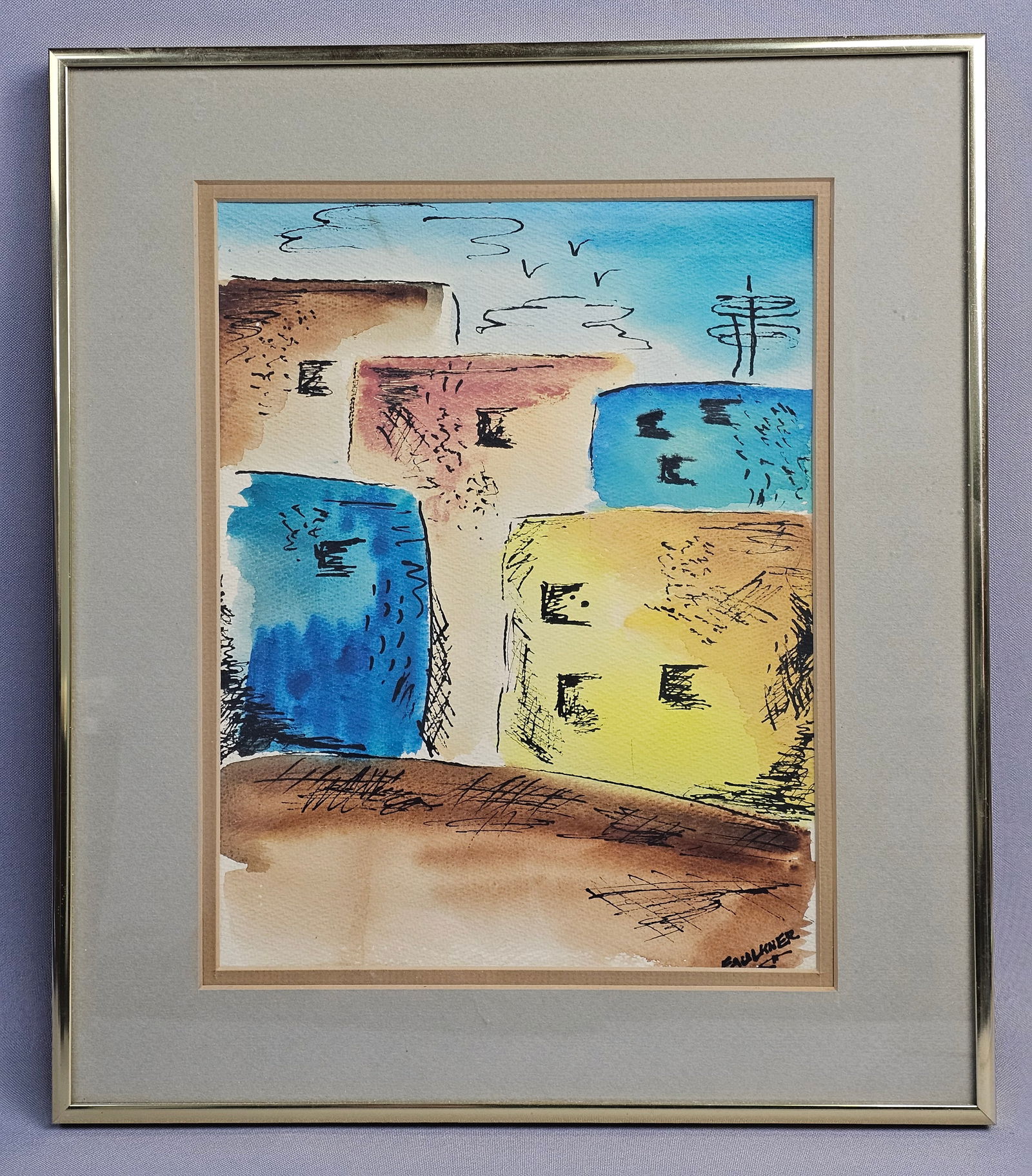 A Framed Semi-Abstract Architectural Watercolor Painting Signed Faulkner (1 of 7)