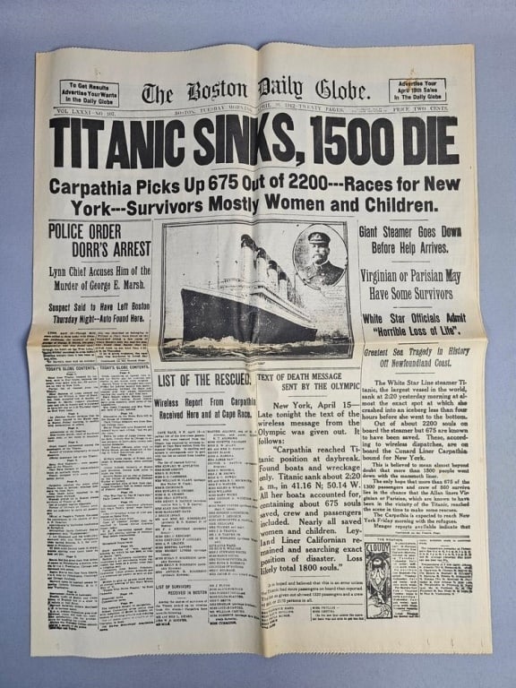 The Boston Daily Globe April 16 1912 Titanic Sinks Newspaper (1 of 7)