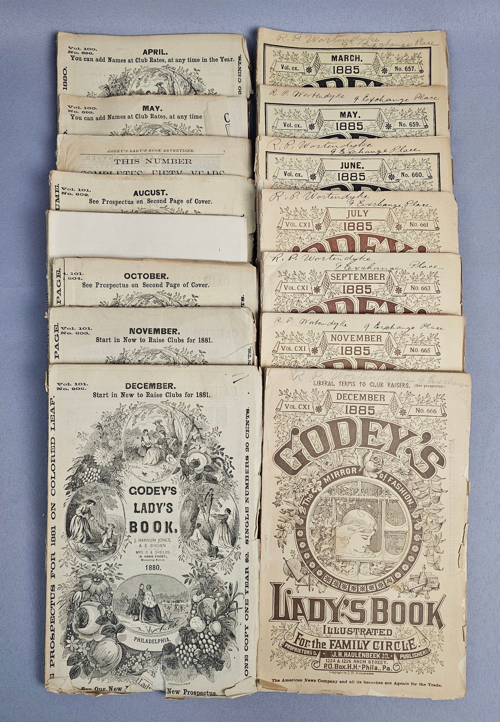 A Collection of Godey's Lady's Book Periodicals, 1880 and 1885: A collection of late-Victorian monthly issues of Godey's Lady's Book, dated 1880 and 1885. These paper periodicals were published in Philadelphia by J.H. Haulenbeek & Co. and feature ornate