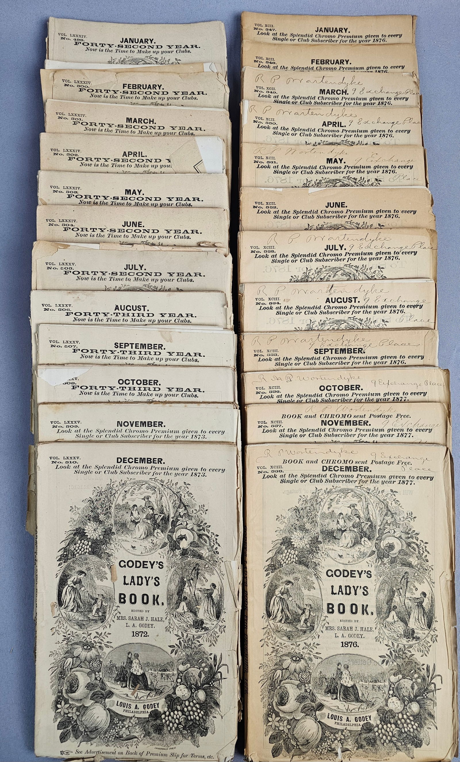 A Collection of Godey's Lady's Book Periodicals 1872 and 1876: A collection of Godey's Lady's Book monthly periodicals published by Louis A. Godey in Philadelphia. This group features issues from the years 1872 and 1876. The magazines were edited by Mrs. Sarah J.