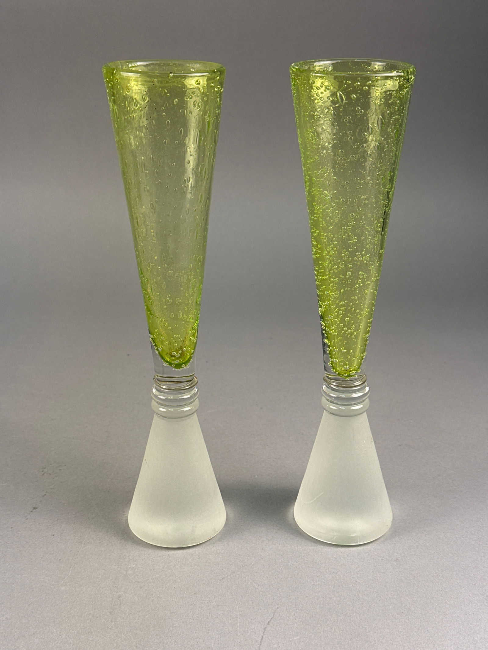 A Pair of Lime Green Bullicante Art Glass Vases with Frosted Bases (1 of 4)
