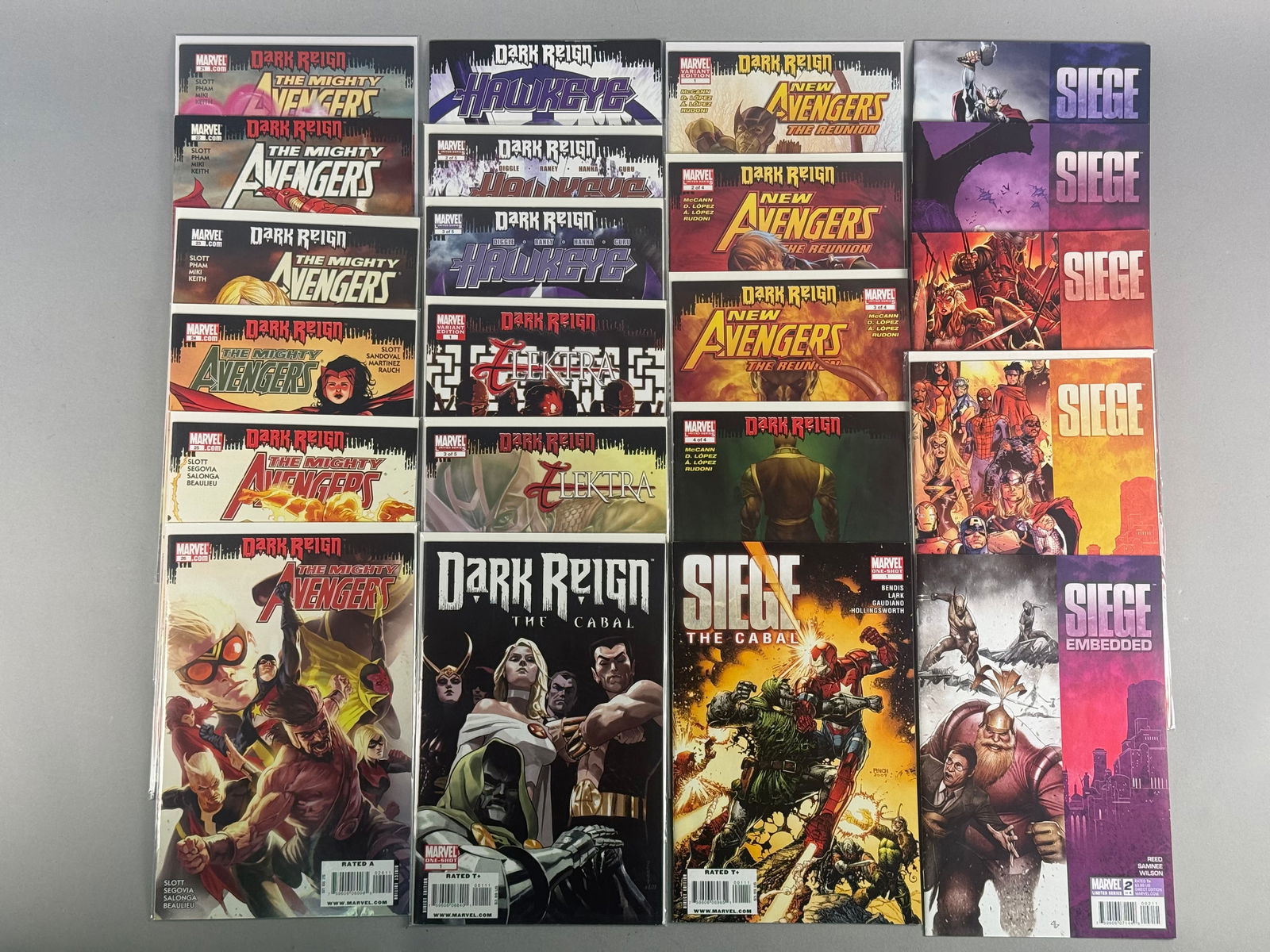 A Collection of Marvel Comics Dark Reign and Siege Event Issues: A collection of Marvel comic books primarily featuring the Dark Reign and Siege crossover events from circa 2009-2010. The group includes multiple issues of The Mighty Avengers, New Avengers: The Reun