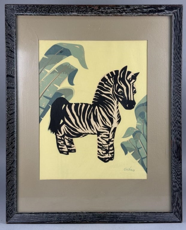 A Winona Childers Mid-Century Modern Silkscreen Zebra Print: This silkscreen on paper by Winona Childers features a stylized graphic depiction of a zebra set against a pale yellow background with green tropical foliage. The work displays a mid-century modern ae