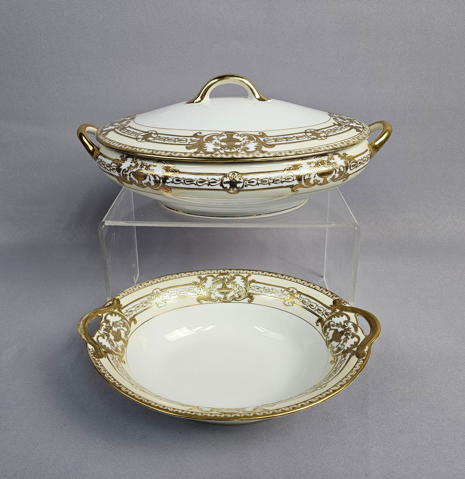 Two Noritake Gilt Porcelain Serving Pieces including a Lidded Tureen and Oval Bowl (1 of 11)