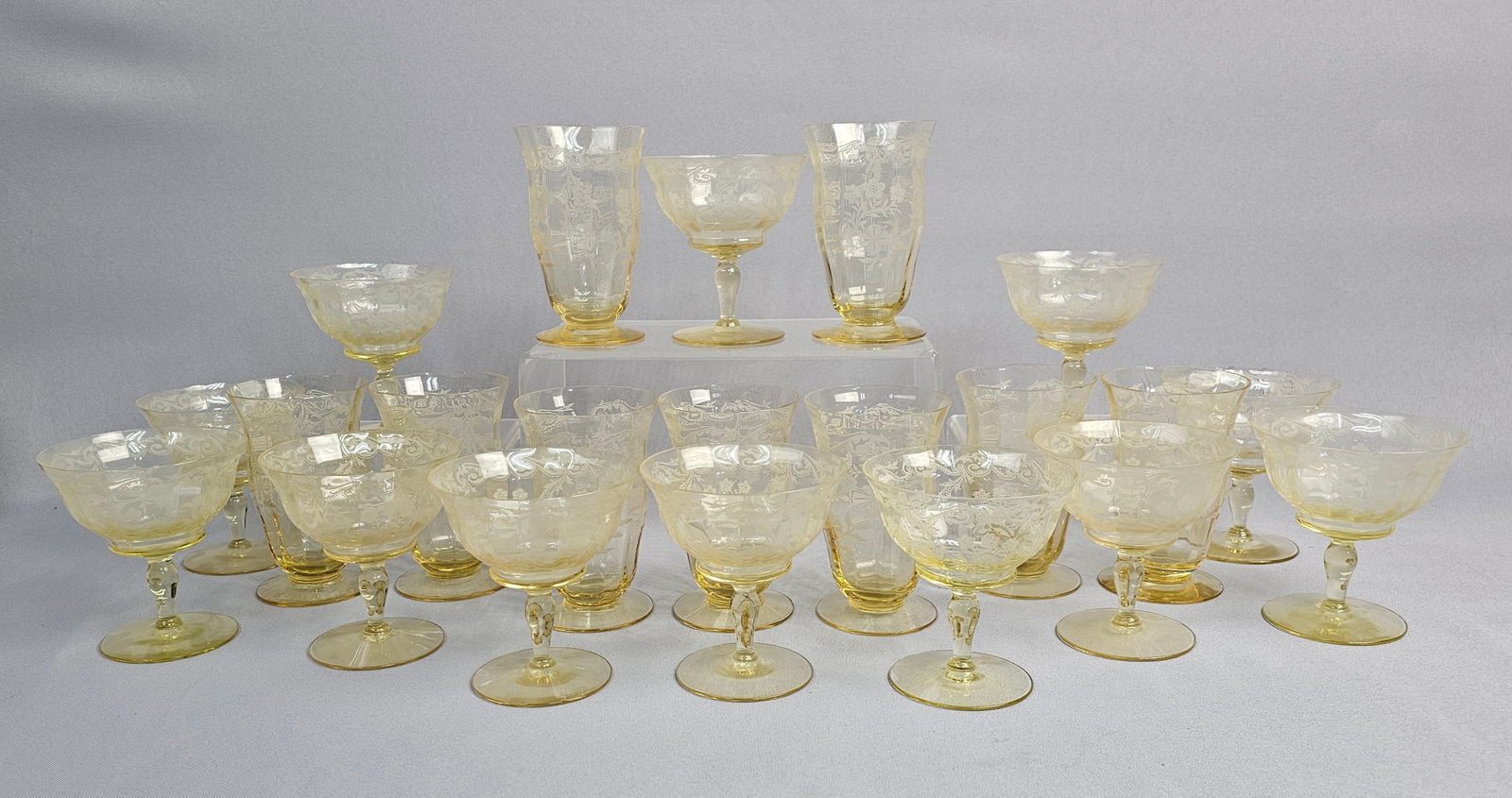 A Large Collection of Yellow Etched Glassware (1 of 16)