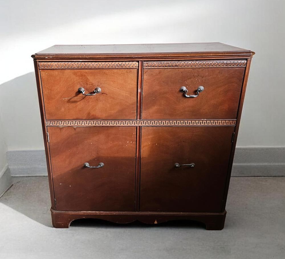 Wilcox-Gay Recordio Radio in Wooden Cabinet: A mid-century Wilcox-Gay Recordio radio, phonograph, and recording console housed in a traditional-style wood cabinet with a dark mahogany-toned finish. Measures 37 x 37 x 16 inches. The