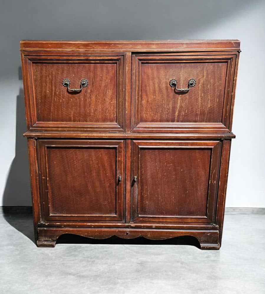 Zenith Console Record Player and AM/FM Radio: Measures 36 x 35 x 16 inches The exterior wood finish shows significant wear throughout, including numerous surface scratches, scuffs, and areas of finish loss, particularly on the top and base. Powe