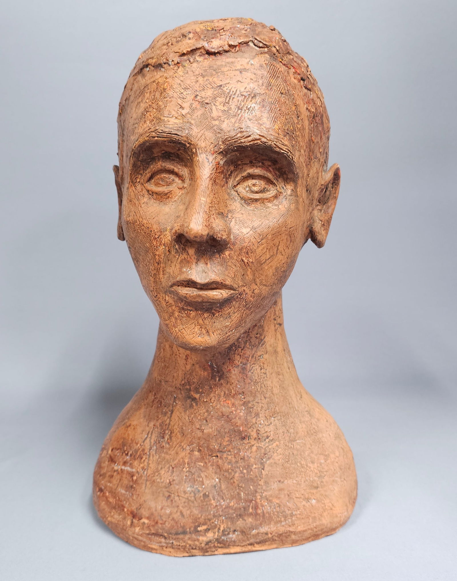 Mid-20th Century Modernist Terracotta Male Bust: HEAVY!! An expressive, hand-modeled terracotta sculpture of a male bust, likely dating from the mid-to-late 20th century. This work is characterized by a highly tactile and gestural surface, featuring