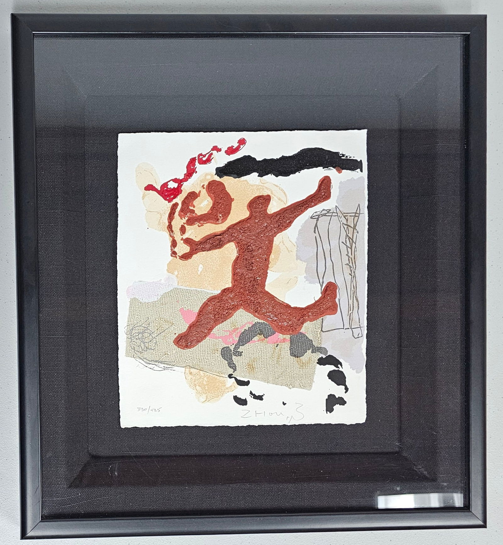 Zhou Brothers (b. 1952 and 1957), Life Temperament, Terragraph Framed Artwork: This terragraph by the Zhou Brothers (Shan Zuo and DaHuang Zhou) is titled Life Temperament. The mixed-media work on deckle-edged paper features a central, textured reddish-brown abstract figure set