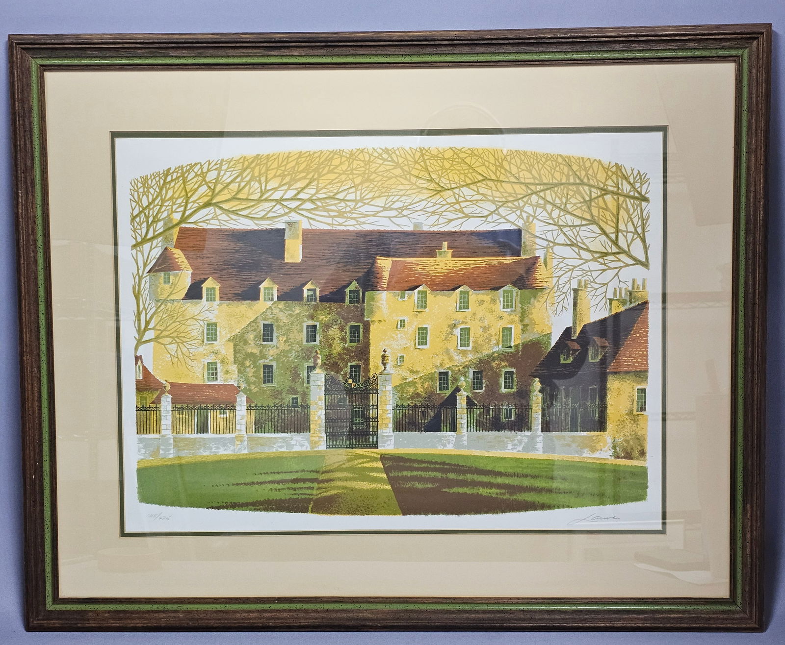 Lander Estate Signed and Numbered Colored Lithograph: A colored lithograph titled Estate by the artist Lander. The composition features an architectural study of a multi-story manor house with yellow walls and a red-tiled roof, set behind a black