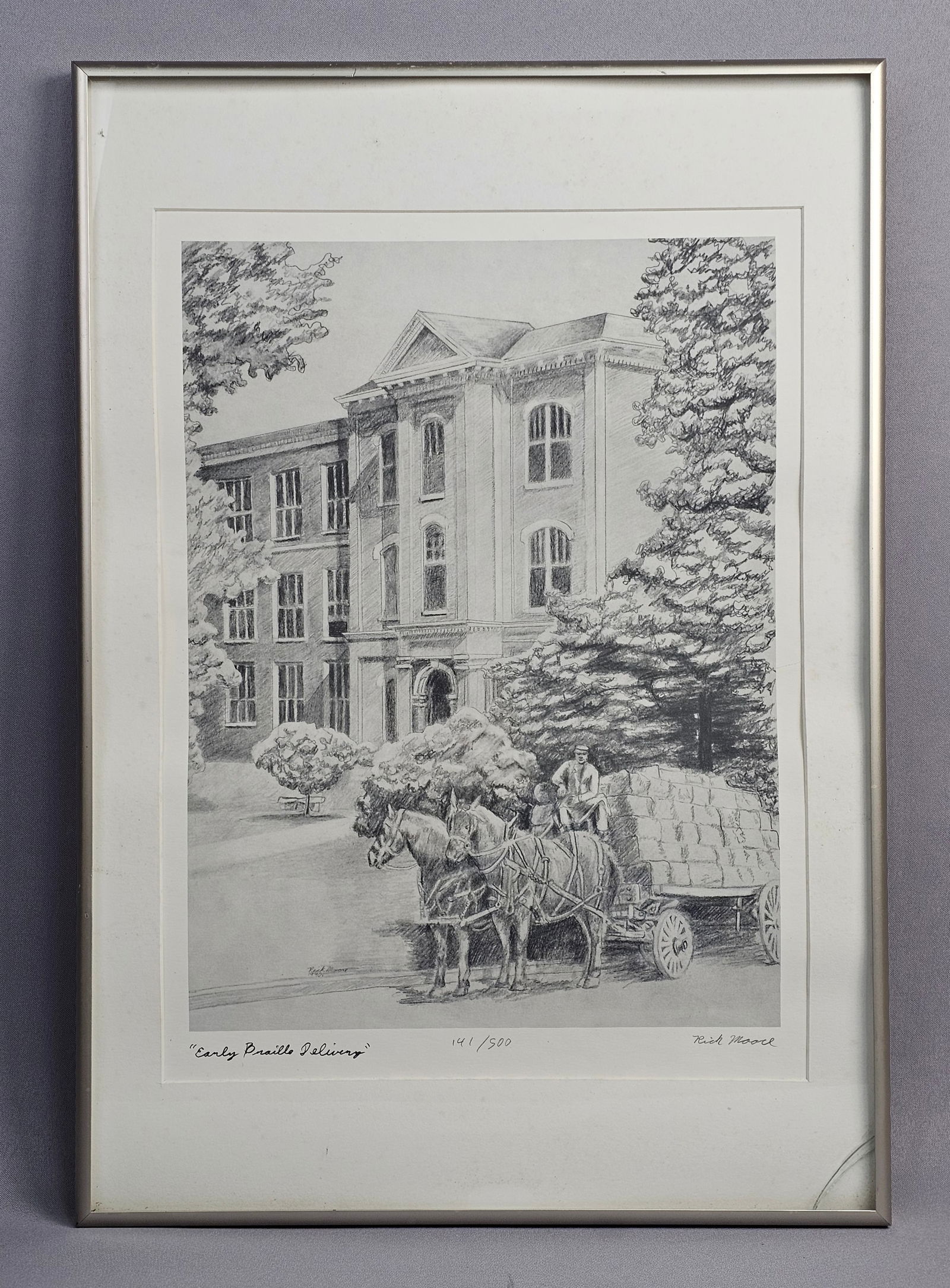 Rick Moore Early Braille Delivery Signed and Numbered Lithograph 141/500: This lithograph, titled Early Braille Delivery, is after an original pencil drawing by the artist Rick Moore. The composition features a detailed rendering of a horse-drawn cart laden with packages,